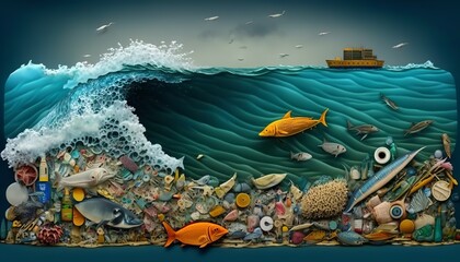 bottom of the ocean pollution with plastic 2D design illustration