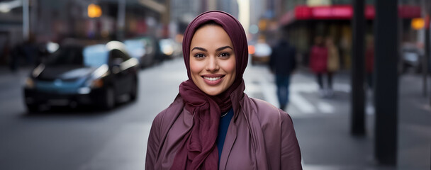 Canvas Print - A young beautiful Islamic teenage girl, wearing a pink, purple hijab stands at the public space in a night big city with a smile on her face portrait, Generative AI.