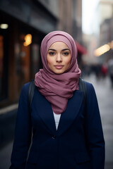 Wall Mural - A young beautiful Islamic teenage girl, wearing a pink, purple hijab stands at the public space in a night big city with a smile on her face portrait, Generative AI.