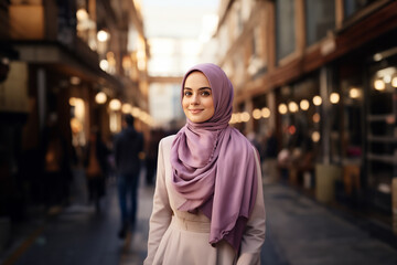 Wall Mural - A young beautiful Islamic teenage girl, wearing a pink, purple hijab stands at the public space in a night big city with a smile on her face portrait, Generative AI.