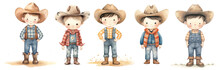 Group Of Young Kids Cowboy Style, Watercolor Illustration. Character For Children's  Illustration Book Isolated On Transparent Background. 