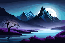 Illustration Of A Beautiful Night Landscape With Mountains, A Full Moon, And A Lake, Dark Nature, Generative Ai