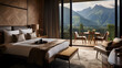 Modern Stylish Hotel Room with Balcony and Breathtaking Mountain view,inside bed tea, balcony view, mountain hotel architecture concept	