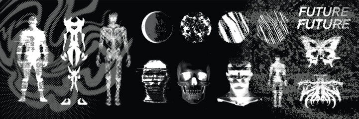 Retro futuristic space print set, cyber science fiction vector graphic element pixel human figure. Planet Earth sign, acid techno poster, brutalist halftone t-shirt streetwear design. Retro futuristic