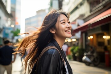 Poster - Asian woman smiling happy face on city street