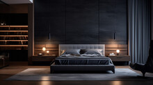 Modern Bedroom In Dark Shades With A Wall Of Lights