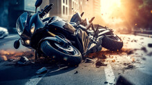 The Motorcycle Lies On The Sidewalk After A Road Trip. Severe Accident. Accident, Close-up. AI Generated