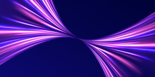 Neon Line As Speed Or Arc, Turn, Twist, Bend In Light Effect. Light Arc In Neon Colors, In The Form Of A Turn And A Zigzag. Abstract Background In Blue, Yellow And Orange Neon Colors.	