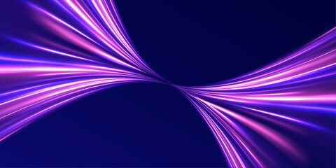 Neon line as speed or arc, turn, twist, bend in light effect. Light arc in neon colors, in the form of a turn and a zigzag. Abstract background in blue, yellow and orange neon colors.	