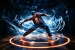 a breakdancer spinning, the uniqueness of the move emphasized by long exposure, where beams of focus light shape a hypnotic pattern on the floor