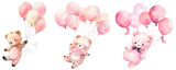 Pink cute teddy bear floating in the air with balloons. Baby girl Newborn or baptism invitation. children's book illustration style on transparent background
