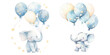 Light blue cute little elephant floating in the air with balloons. Baby Boy Newborn or baptism invitation. children's book illustration style on transparent background