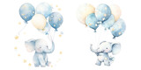 Fototapeta Dziecięca - Light blue cute little elephant floating in the air with balloons. Baby Boy Newborn or baptism invitation. children's book illustration style on transparent background