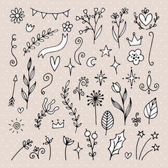 Wall Mural - Set of hand drawn floral design elements. Doodle. Flowers, branches, ribbons, stars. Rustic decor elements