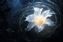 A White Flower With A Yellow Center Surrounded By Dark Foliage.  Generative Ai
