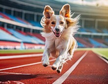 Dog Running At The Olimpic Stadium Running Track As Athlete