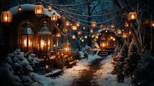 Beautiful Wooden Gazebos With Warm Light And Around There Are Many Old Lanterns Hanging On Snow-covered Trees In The Winter Forest. Christmas Atmosphere, Festive And Cozy Mood, New Year's Card