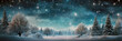 Christmas card, winter snow landscape, snowflakes falling from sky, wide panorama	