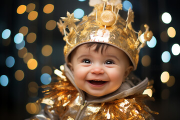 Wall Mural - Generative AI closeup picture adorable little baby toddler age wearing first christmas time costume