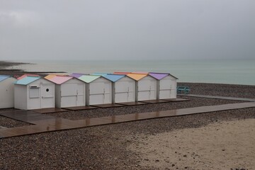 Wall Mural - beach huts at the beach of Le Treport, France 