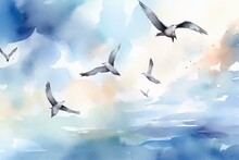 Watercolor Painting Of Birds Soaring In The Clear Sky. Generative AI