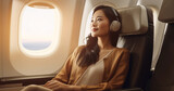 Fototapeta  - Lifestyle portrait of attractive Asian woman passenger listening to headphones on airplane long haul flight