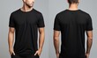 © Ifti Digital - Front and back view of man in blank black t shirt isolated on grey, Male model wearing a black color Henley t-shirt on a White background, front view and back view, top section cropped, AI Generated