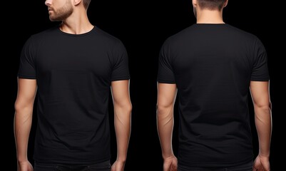 Blank black t shirt template on man body, front and back view, Male model wearing a black color Henley t-shirt on a White background, front view and back view, top section cropped, AI Generated
