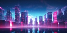 AI Generated. AI Generative. Neone Glowing Pink Purple City Urban Future Background Landscape. Graphic Art