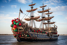 Wooden Sailing Ship Decorated With Christmas Garlands And Ornaments, Red And Green, Winter Season, Pirates