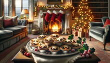 British Mince Pies, Filled With A Mixture Of Dried Fruits And Spices, Perfectly Illuminated And Arranged On A Vintage Silver Tray With Holly Berries And Leaves, Set Against A English Living Room.