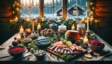 Swedish Julbord, A Traditional Christmas Smorgasbord, Showcasing Pickled Herring, Meatballs, And Crispbread, Set On A Rustic Wooden Table With Candles, Pinecones, And Lingonberries.