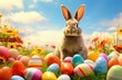 adorable bunny surrounded by vibrant Easter eggs under a stunning sky. Generative AI