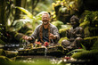 Joyful man laughing beside a Buddha statue in a serene garden, with water splashing from his hands.