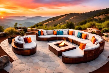 Wall Mural - Create an image of a serene sitting arrangement on a tranquil hilltop, with plush outdoor sofas and a small fire pit, set against the backdrop of a panoramic valley and a colorful sunset, providing a 