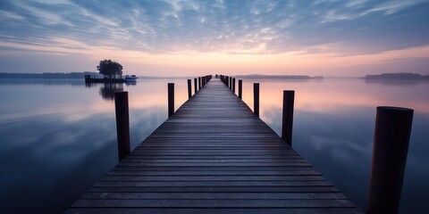  AI Generated. AI Generative. Dock wooden pier at sunset. Romantic relaxing vibe background. Lake outdoor peace landscape.