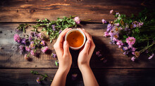 A Woman Holds Herbal Tea In Her Hands. Generative AI,