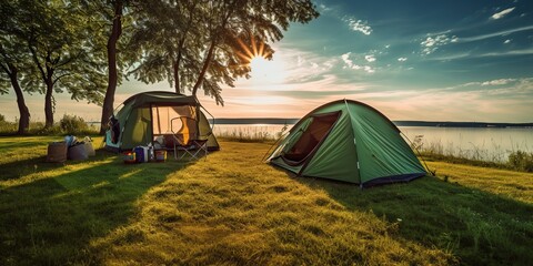 Wall Mural - AI Generated. AI Generative. Outdoor nature camping tent on grass. Adventure rest background. Can be used for countryside hiking tour promotion