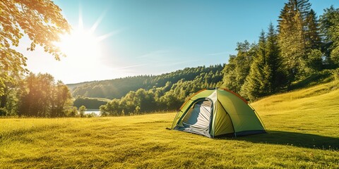 Wall Mural - AI Generated. AI Generative. Outdoor nature camping tent on grass. Adventure rest background. Can be used for countryside hiking tour promotion