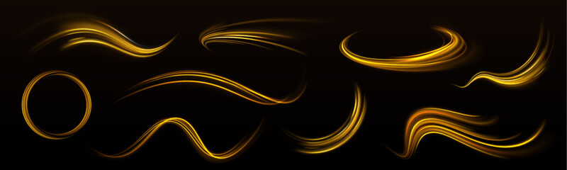 Wall Mural - long exposure light painting photography, curvy lines of vibrant neon metallic yellow gold against a