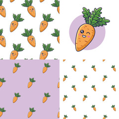 Wall Mural - Set of Cute Kawaii Carrot patterns. Food vegetable flat icon. Cartoon Carrot seamless pattern, doodle style. Vector hand drawn illustration. Patterns for kids clothes. Carrot patterns collection