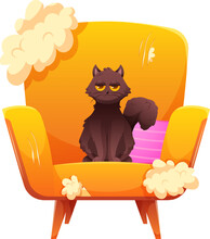 Funny Cartoon Black Cat Is Sitting With Happy Face On Scratched And Broken Chair. Vector Illustration Of Naughty Pets