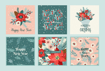 Wall Mural - Christmas and Happy New Year cards with flowers, christmas tree, branches, leaves, berries, snowflakes. Trendy retro style. Vector design