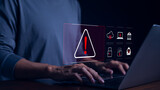 Fototapeta Fototapety z końmi - Cyber security warning alert system concept. Businessman working on laptop. Computer network hack, crime and virus, Malicious software, compromised information, illegal connection, data vulnerability,