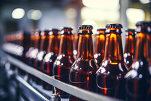 Amber Beer Bottles On A Production Line In A Brewery.
