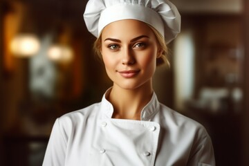 Woman cook or chef in a restaurant kitchen. Portrait with selective focus and copy space