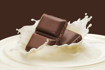 Wall Mural - Falling chocolate bars in milk splash with copy space