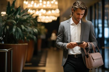 Wall Mural - Business traveler in hotel hallway with phone