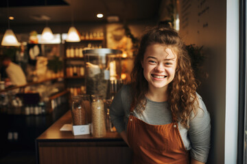 Cheerful woman with Down syndrome standing in the doorway of a store