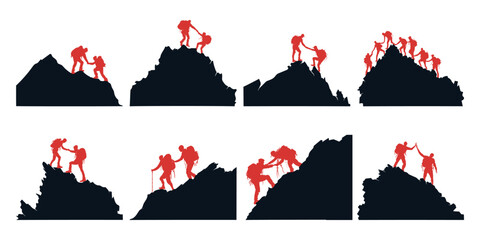 Silhouette collection of team together reaching the top of mountain peak. Teamwork, togetherness, success, victory, goal, achievement. Vector illustration concept